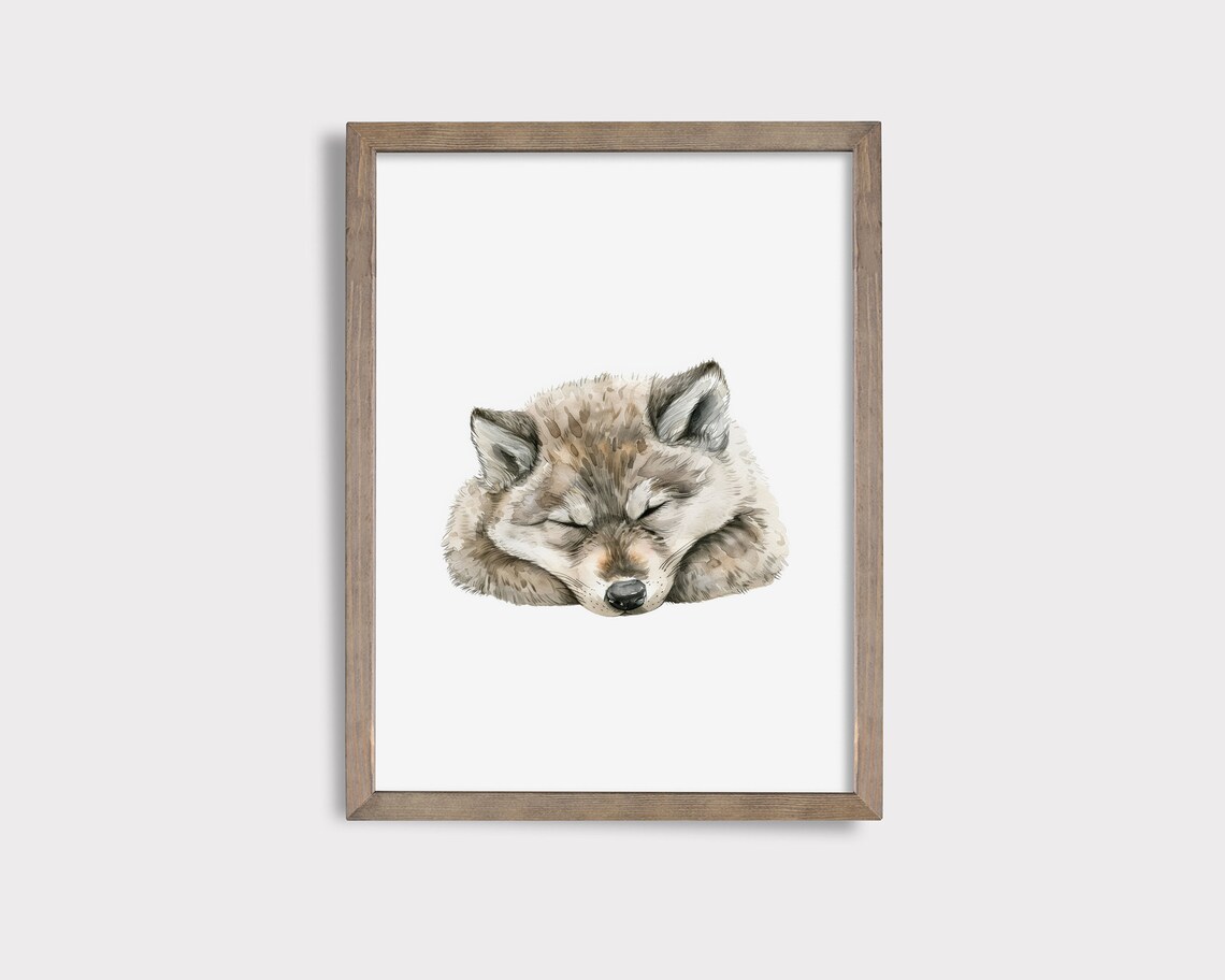 Sleeping Wolf Pup Watercolor Woodland Forest Nursery Baby Wall Art