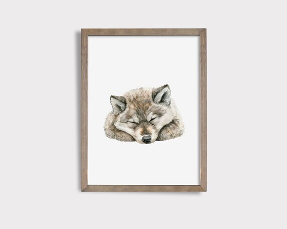 Sleeping Wolf Pup Watercolor Woodland Forest Nursery Baby Wall Art