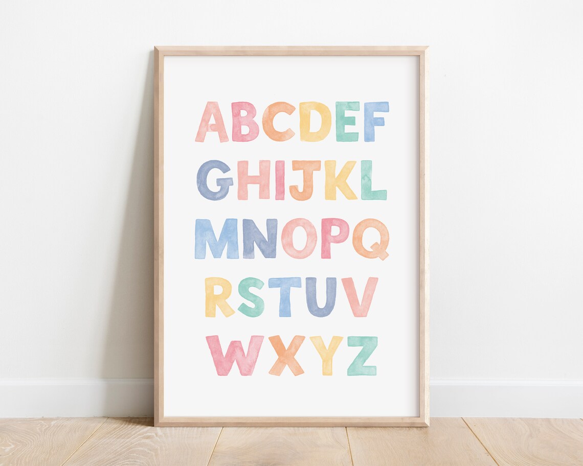 Pastel Rainbow Watercolor ABC Alphabet Letters Nursery Educational Print