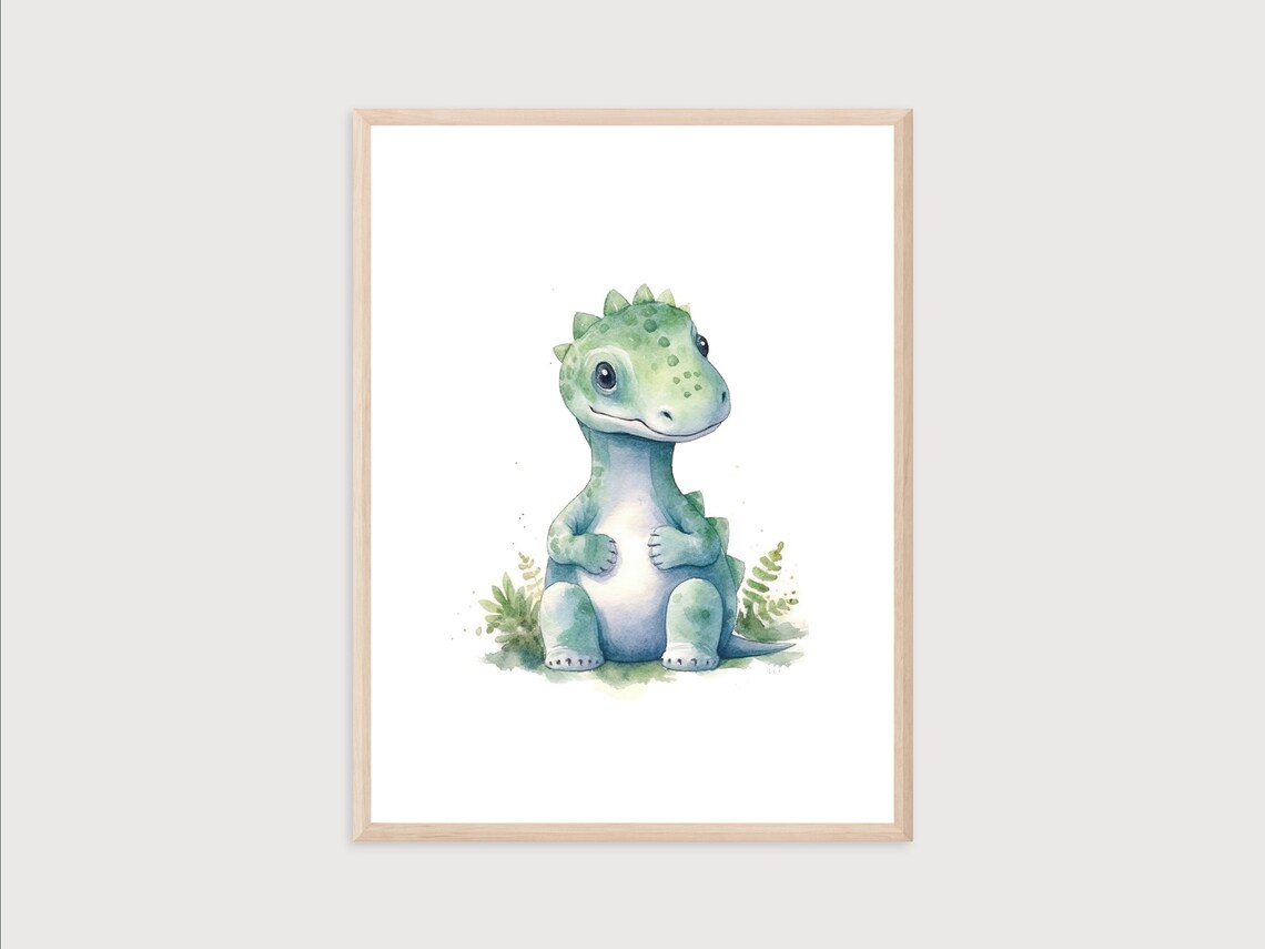 Sweet Green Baby Diplodocus Dinosaur Watercolor Nursery Decor Poster