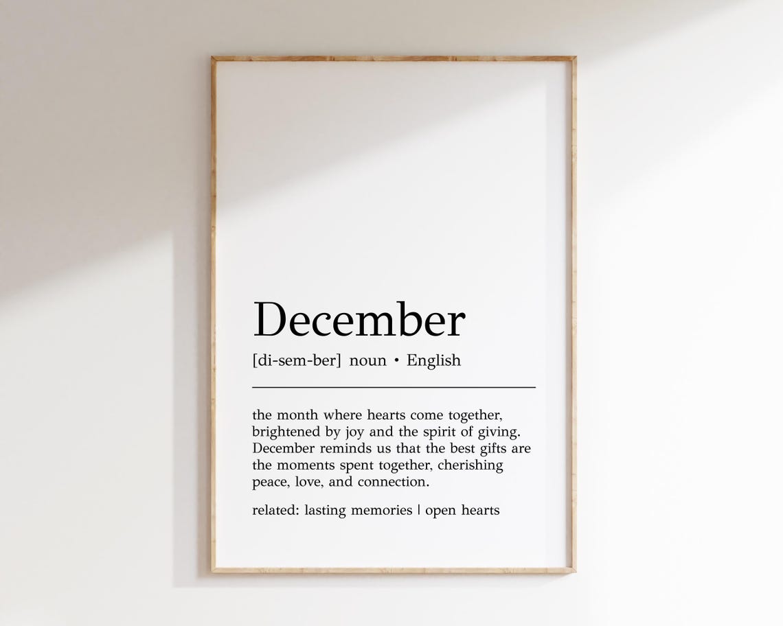 December Dictionary Definition Print, Cozy Winter Wall Decor