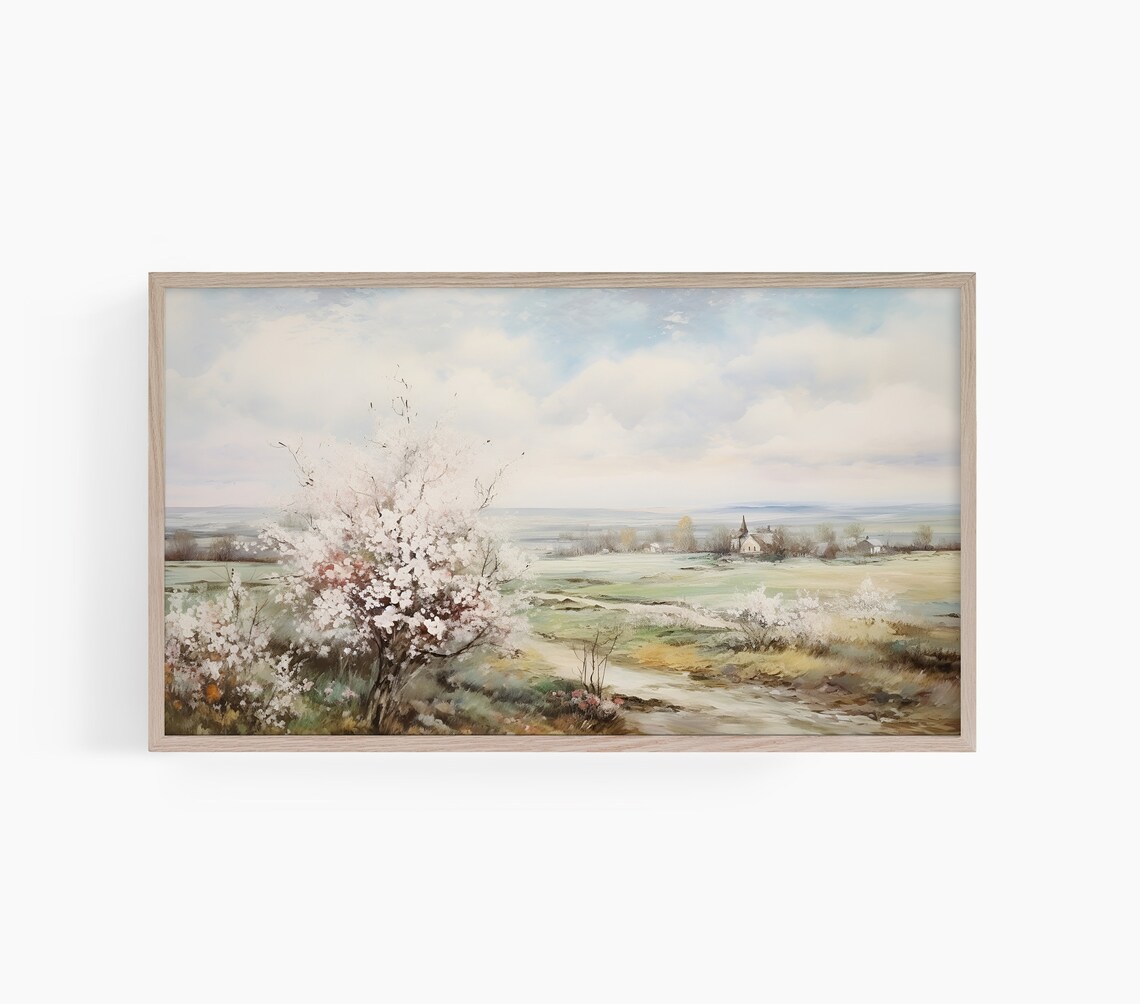 Spring Blossom Tree Farmhouse Countryside Vintage Landscape Poster