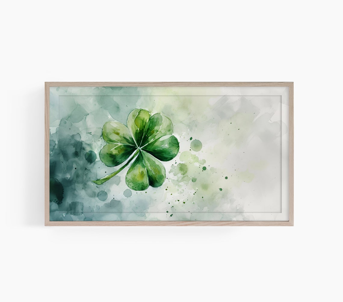 Fresh Lucky Green Four Leaf Clover Watercolor Splash Art Poster