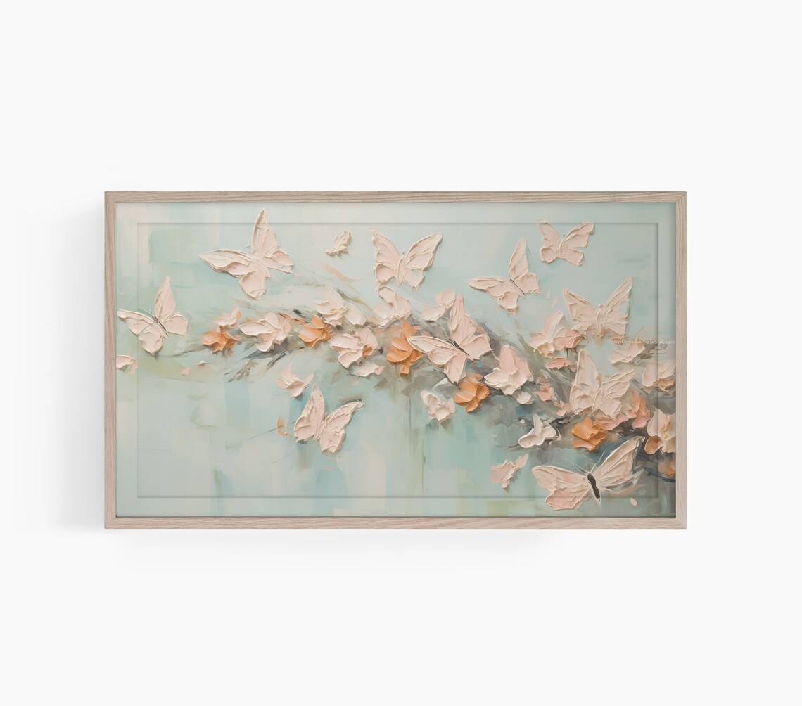 Spring Butterflies Art Print, Soft Pink Blue Impasto