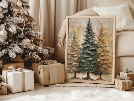 Vintage Winter Pine Forest, Rustic Christmas Art Print