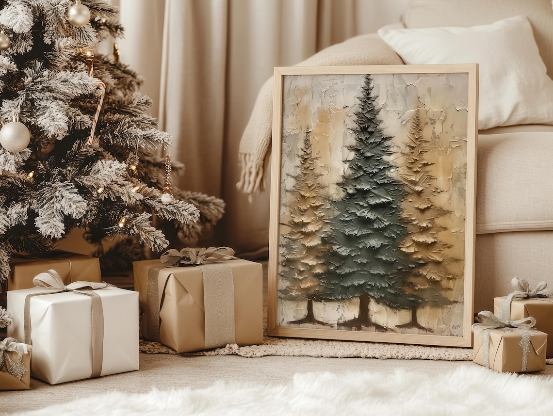 Vintage Winter Pine Forest, Rustic Christmas Art Print