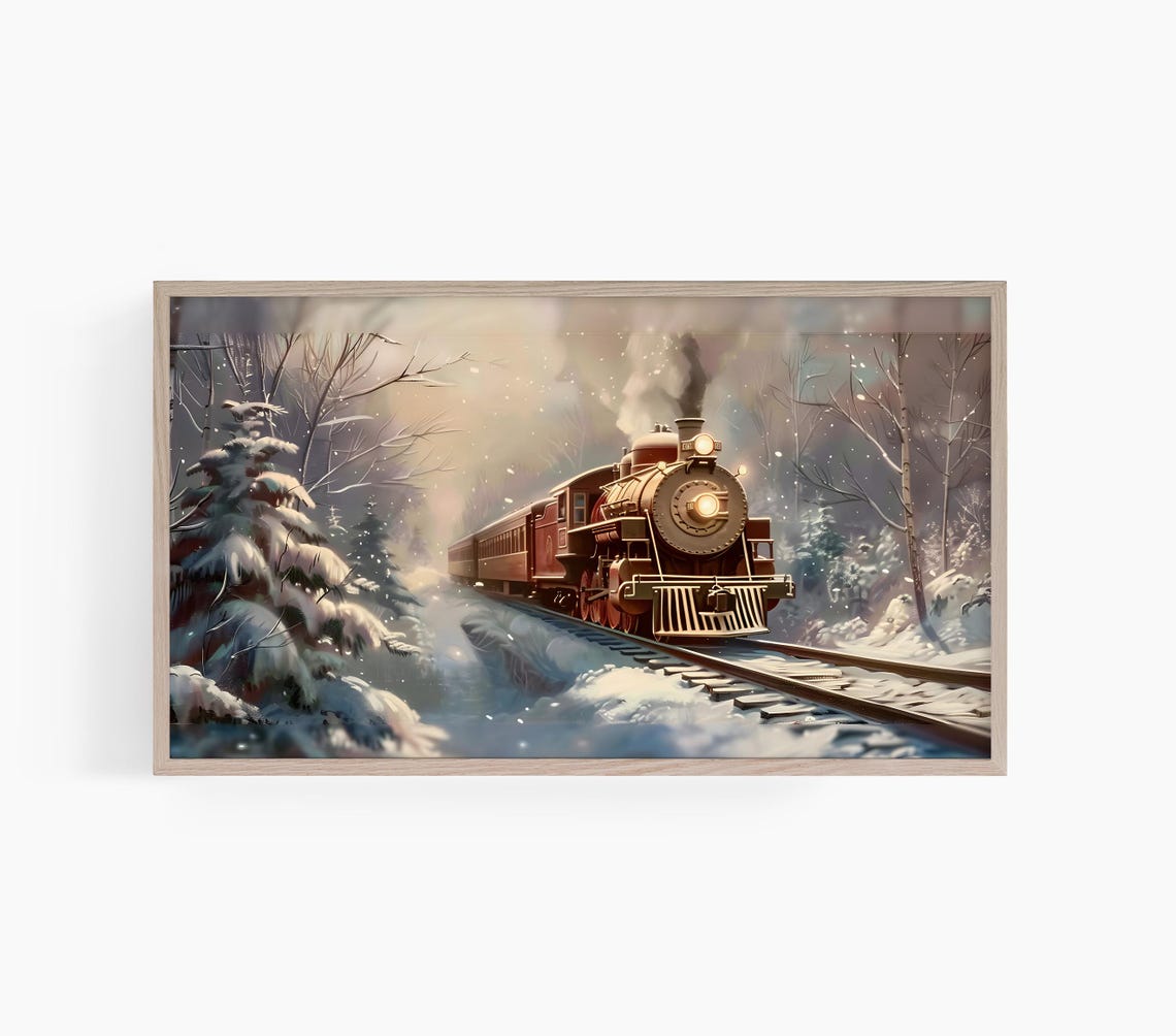 Vintage Steam Train Snowy Forest Winter Night Painting Poster