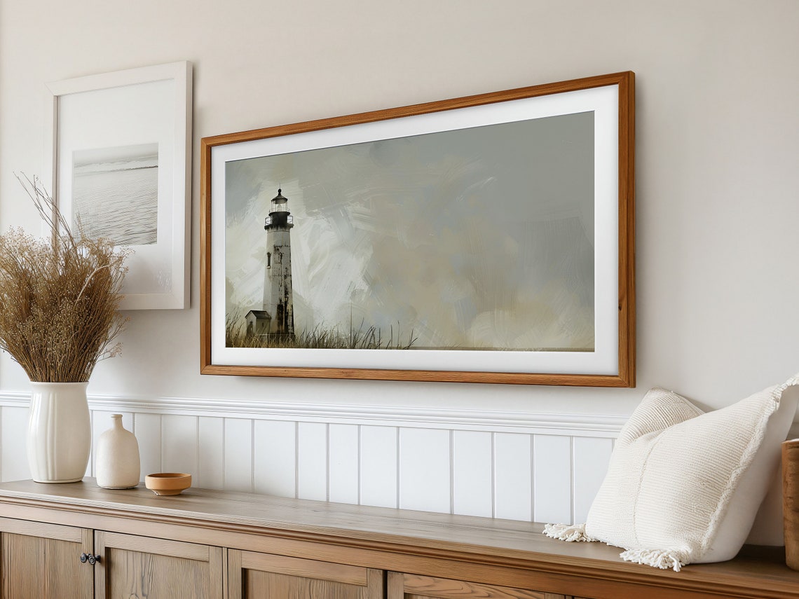 Weathered White Lighthouse Cloudy Coast Rustic Painting Art Poster - Image 3