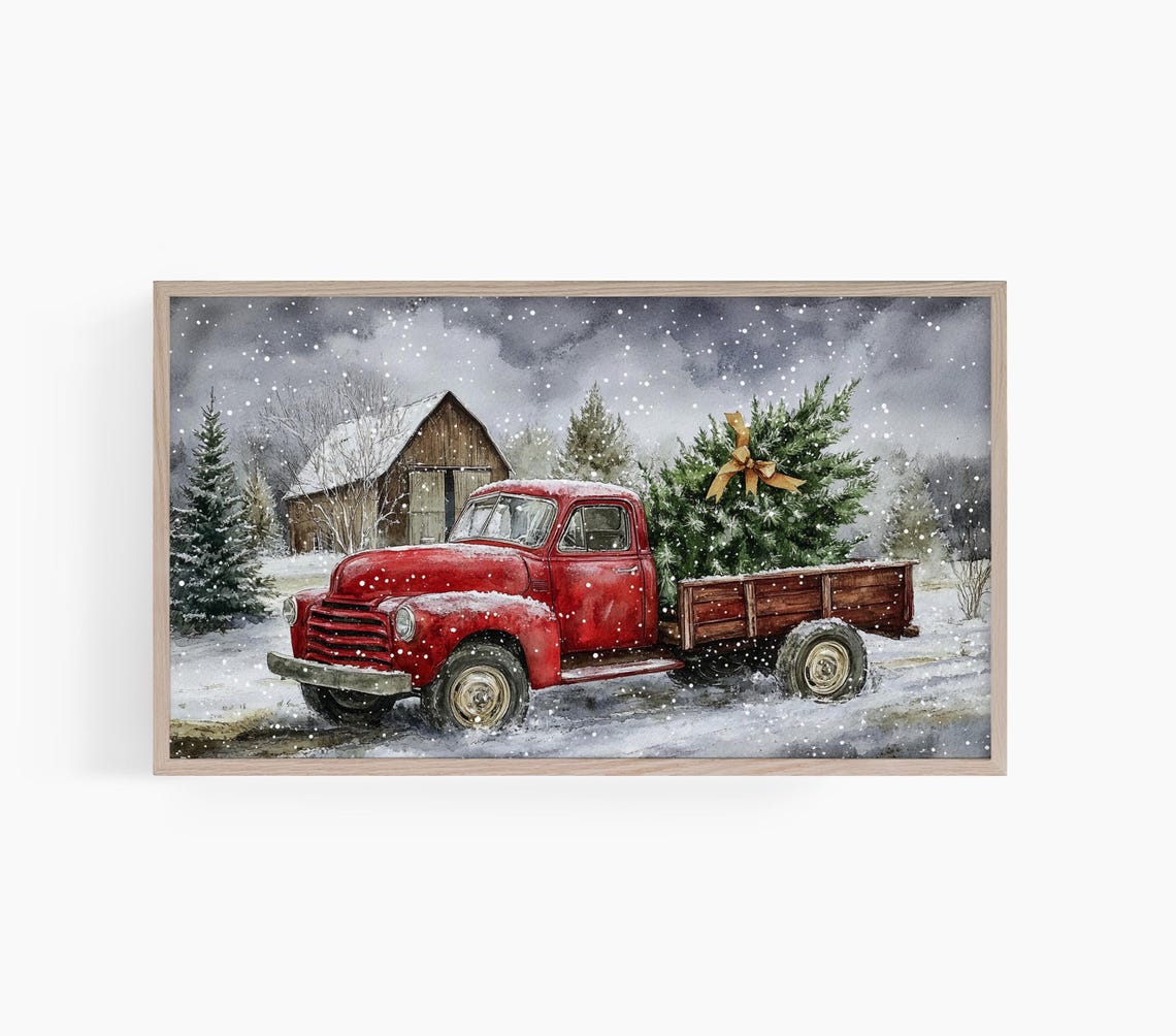 Christmas Frame Tv Art Old Red Truck Winter Tv Christmas Tree In Vintage Truck Tv Art Frame Tv Art Christmas T800