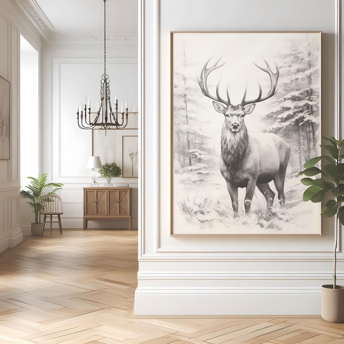 Majestic Stag Pencil Sketch Winter Forest Elegant Deer Antlers Drawing Wall Art