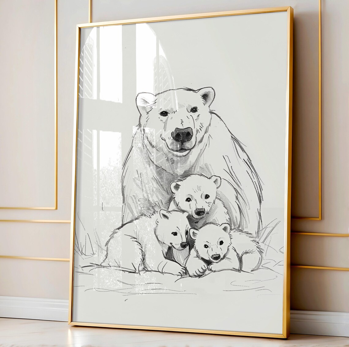Polar Bear Mother With Three Cubs Pencil Sketch Winter Art Poster - Image 3