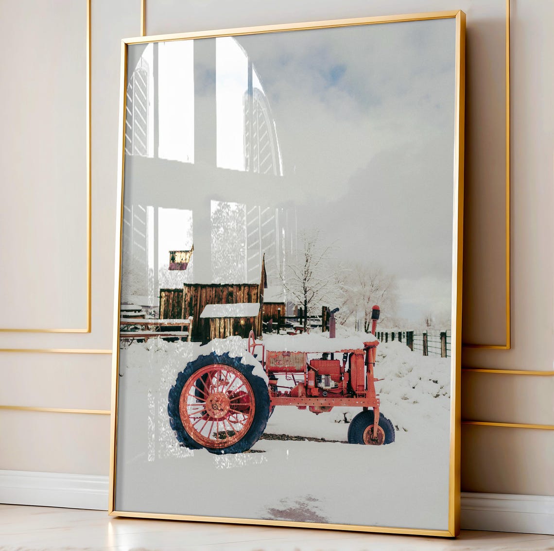 Red Vintage Tractor Snowy Barn Winter Farm Landscape Painting Poster - Image 3