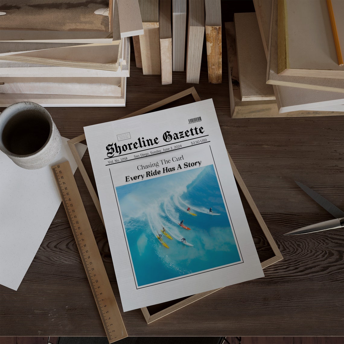 Shoreline Gazette Surfing Newspaper Headline Chasing the Curl Poster - Image 3