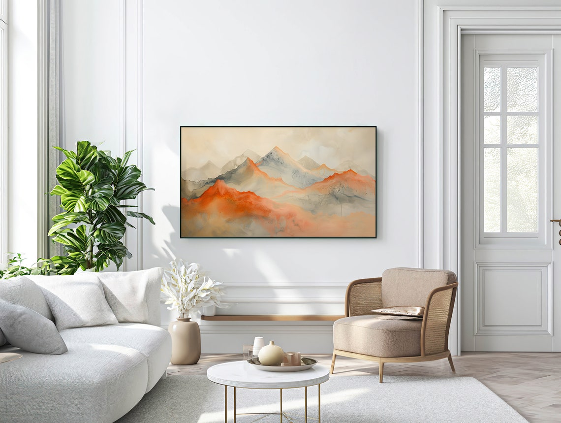 Abstract Orange Mountain Peaks Sunset Glow Watercolor Landscape Poster - Image 3