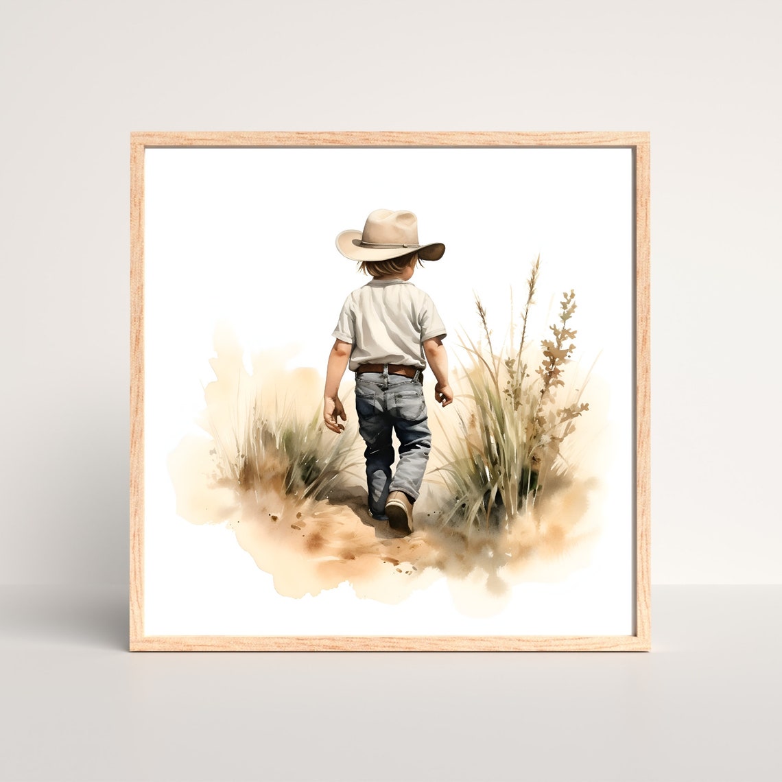 Little Cowboy Boy Walking Desert Trail Watercolor Nursery Wall Art