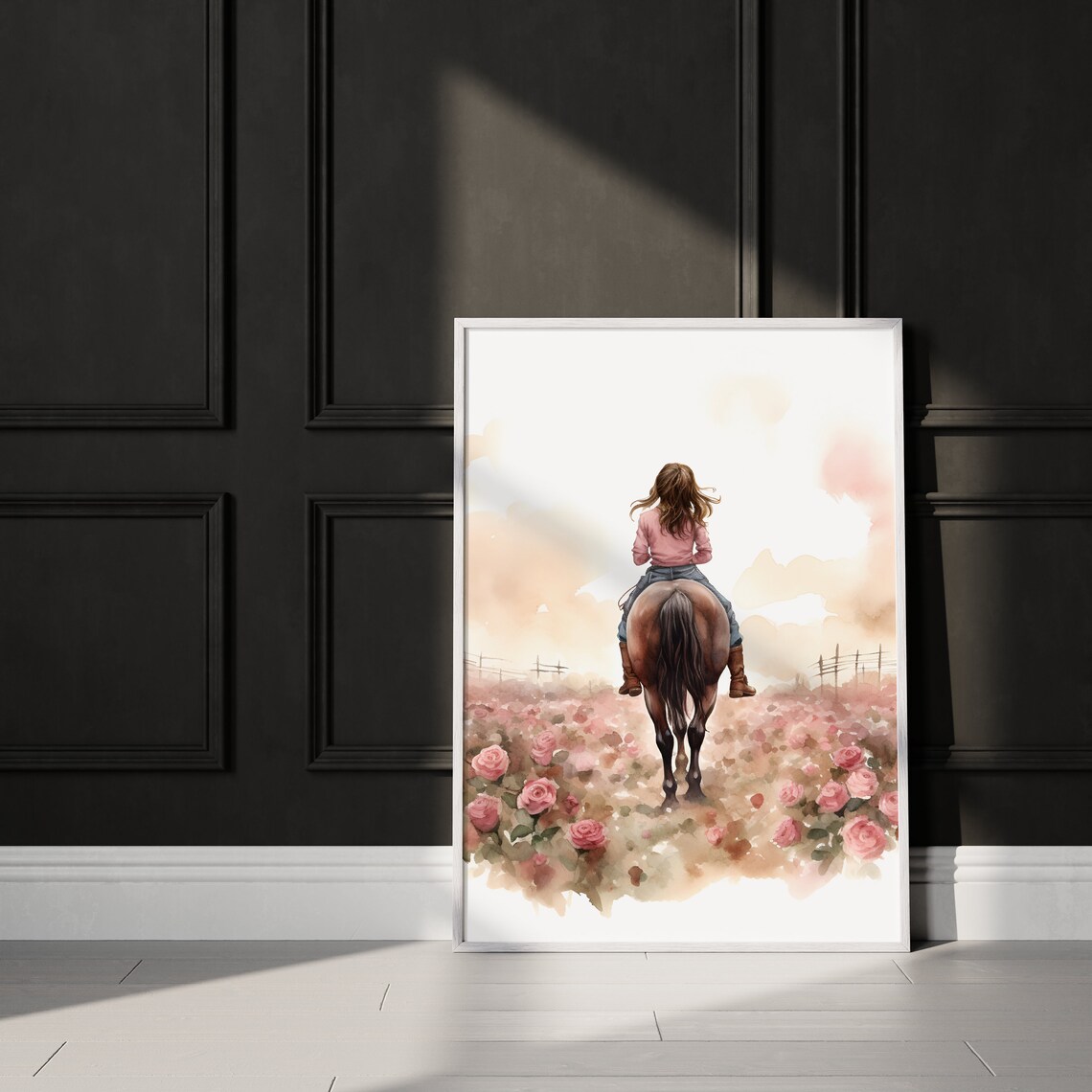 Girl Riding Horse Through Pink Rose Field Watercolor Wall Art - Image 3