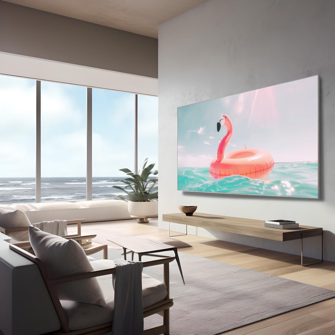 Pink Flamingo Pool Float Drifting on the Turquoise Ocean Poster - Image 2