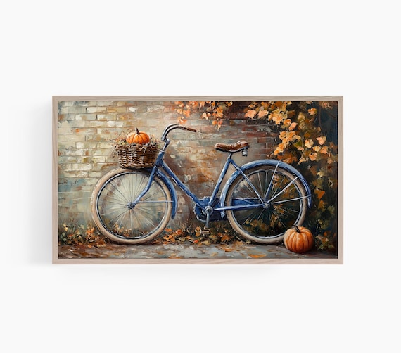 Blue Bicycle With Pumpkin Basket Fall Brick Wall Autumn Harvest Wall Art