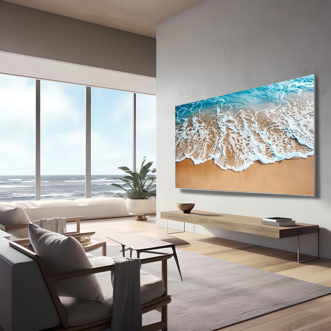 Aerial Turquoise Ocean Waves Golden Sand Beach Photo Art Poster - Image 2