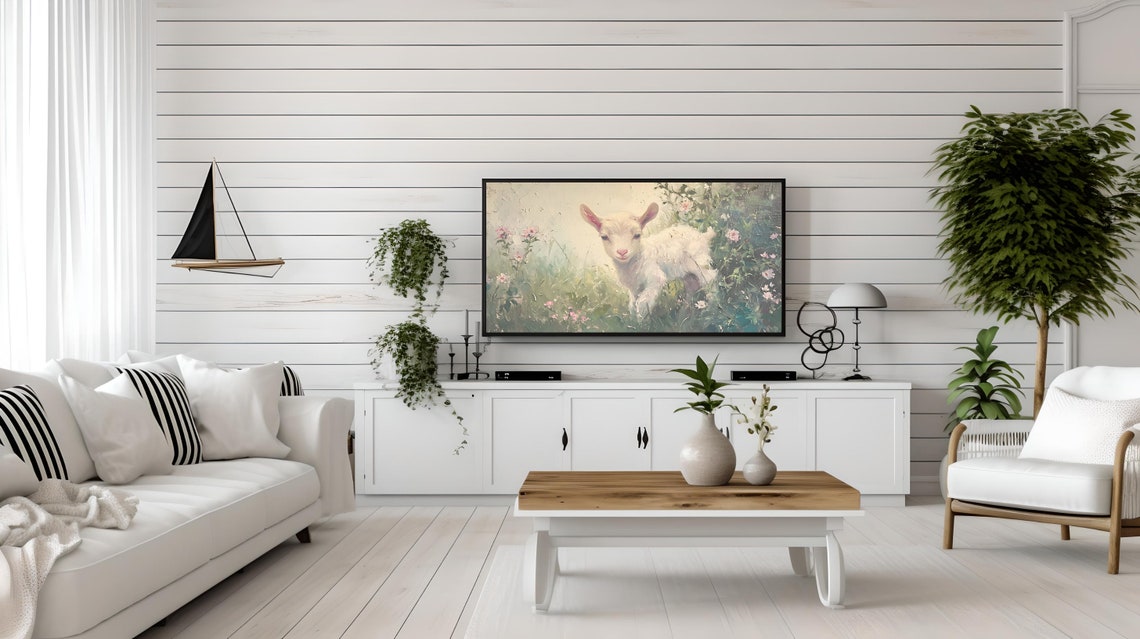 White Lamb Wildflower Meadow Soft Spring Painting Animal Poster - Image 2