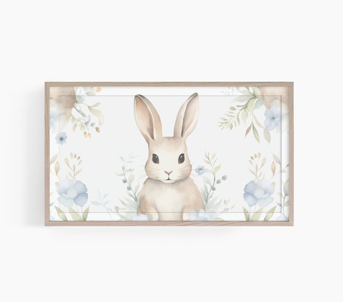 Cute Bunny Watercolor with Blue Flowers Nursery Room Decor Poster