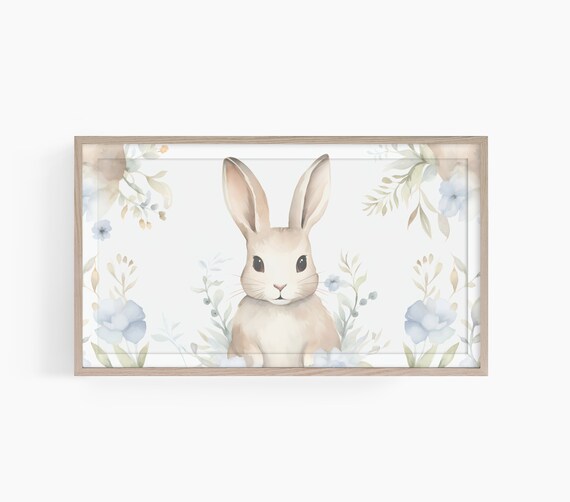 Cute Bunny Watercolor with Blue Flowers Nursery Room Decor Poster