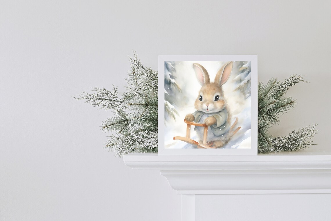 Woodland Animals Sledding In Snow Nursery Watercolor Wall Art - Image 3