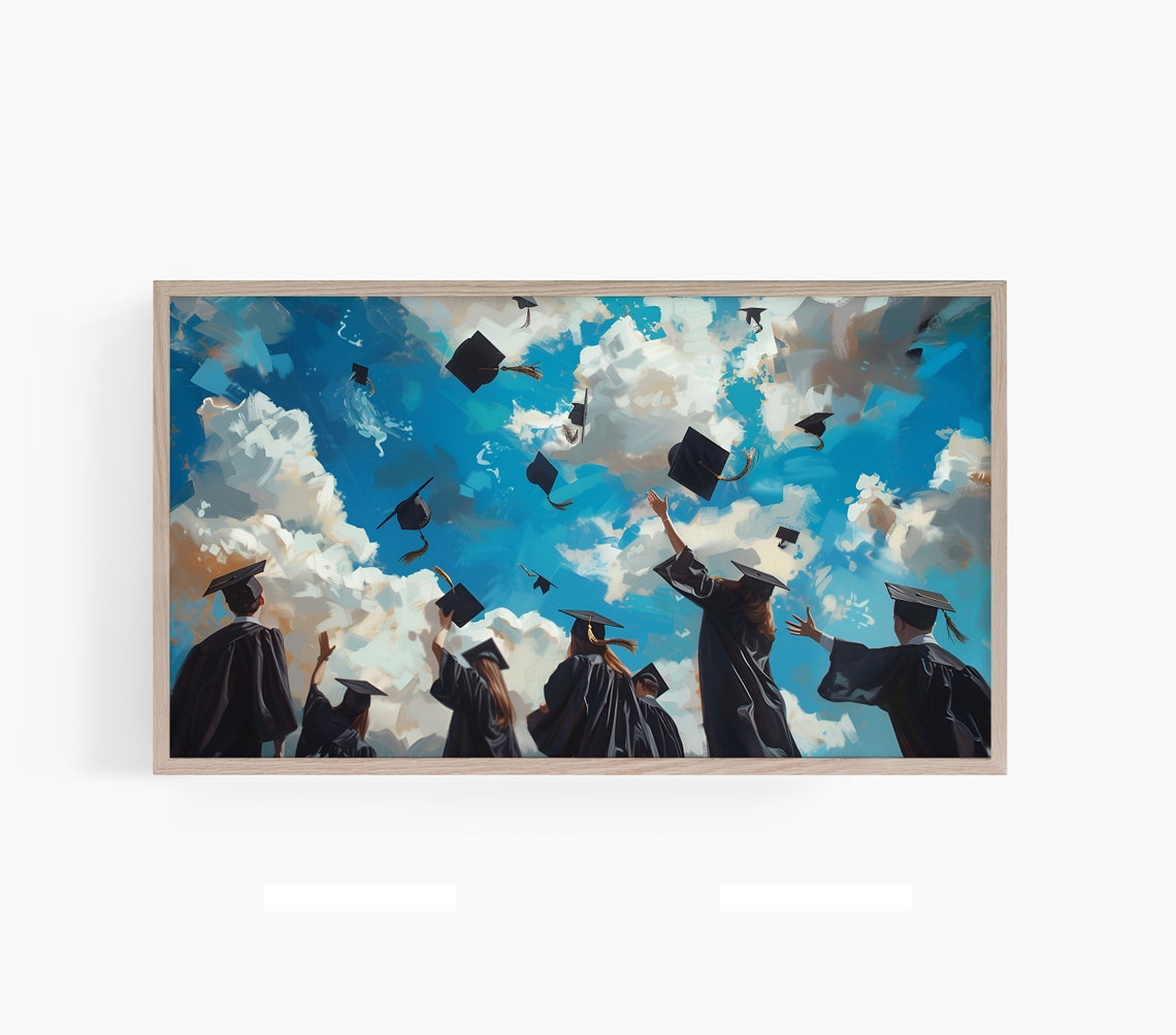 Joyful Graduates Tossing Caps into a Bright Cloudy Sky Poster