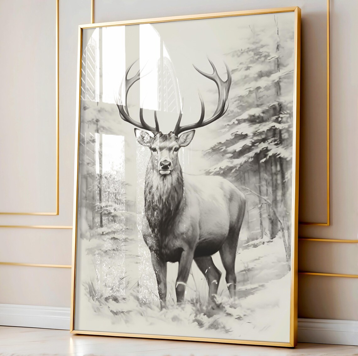 Majestic Stag Pencil Sketch Winter Forest Elegant Deer Antlers Drawing Wall Art - Image 3