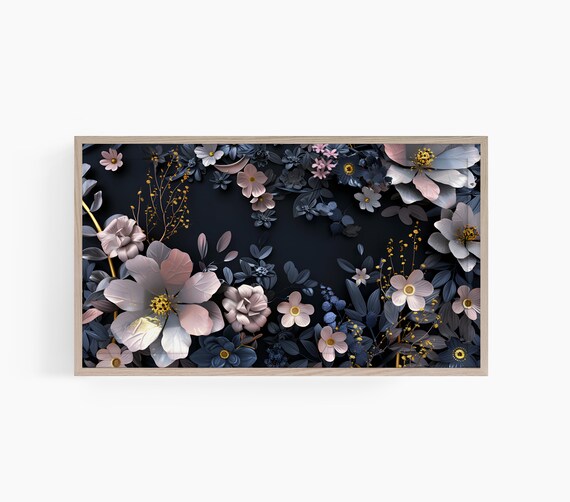 Elegant Dark Navy Pink White Blooms 3D Floral Wall Decor Poster