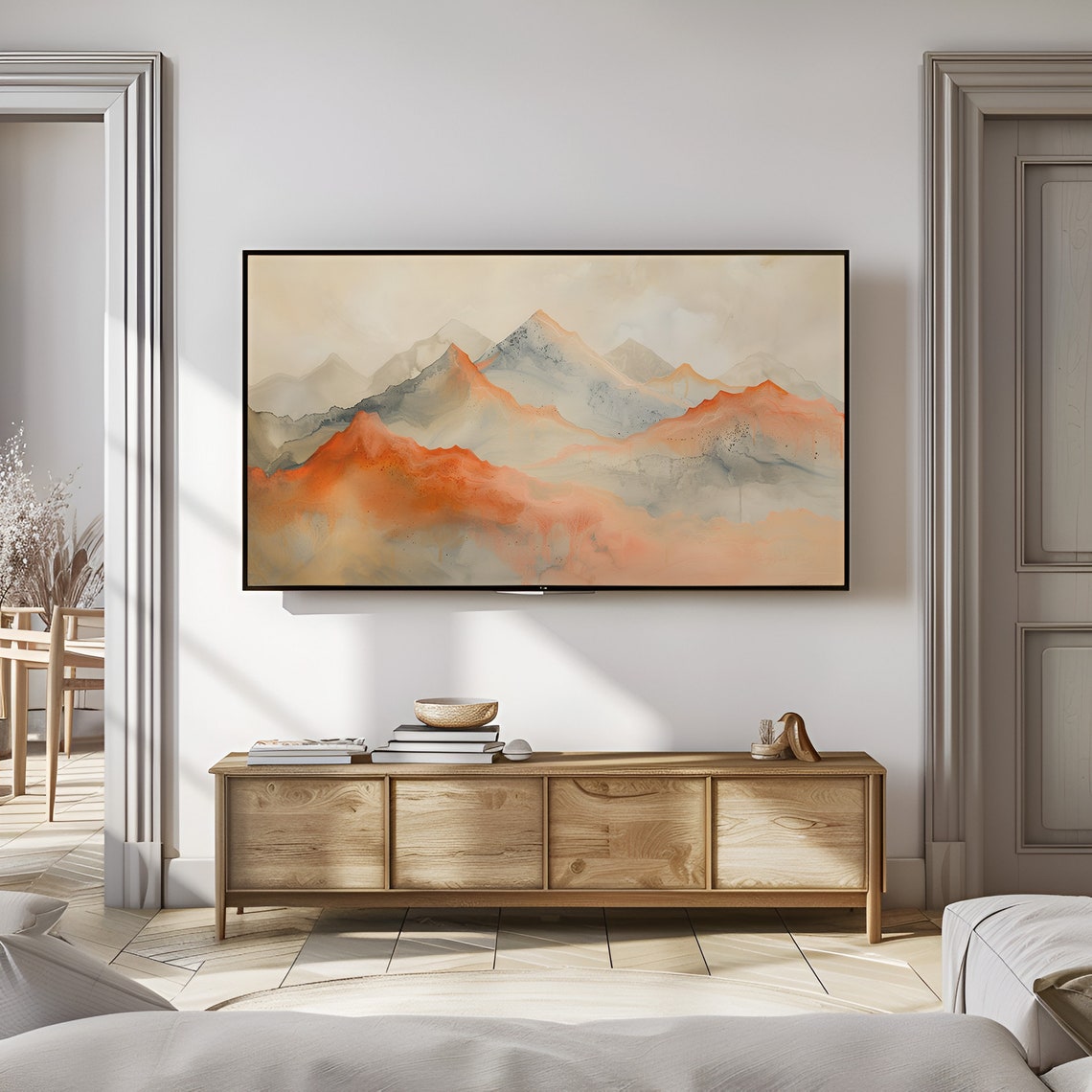 Abstract Orange Mountain Peaks Sunset Glow Watercolor Landscape Poster - Image 2