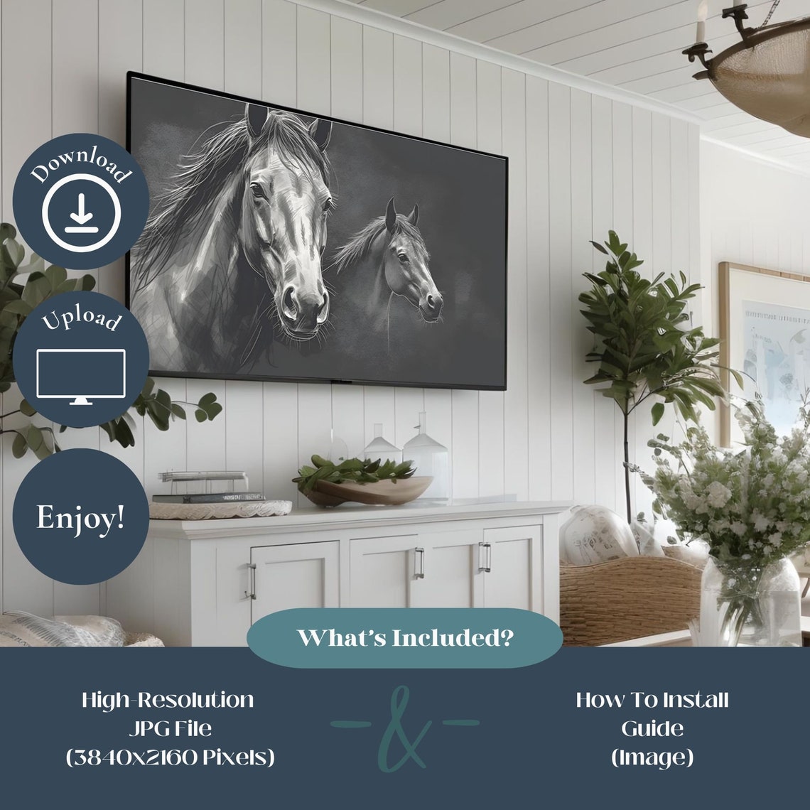 Two Dark Horses Mare And Foal Black Background Equestrian Wall Art - Image 2