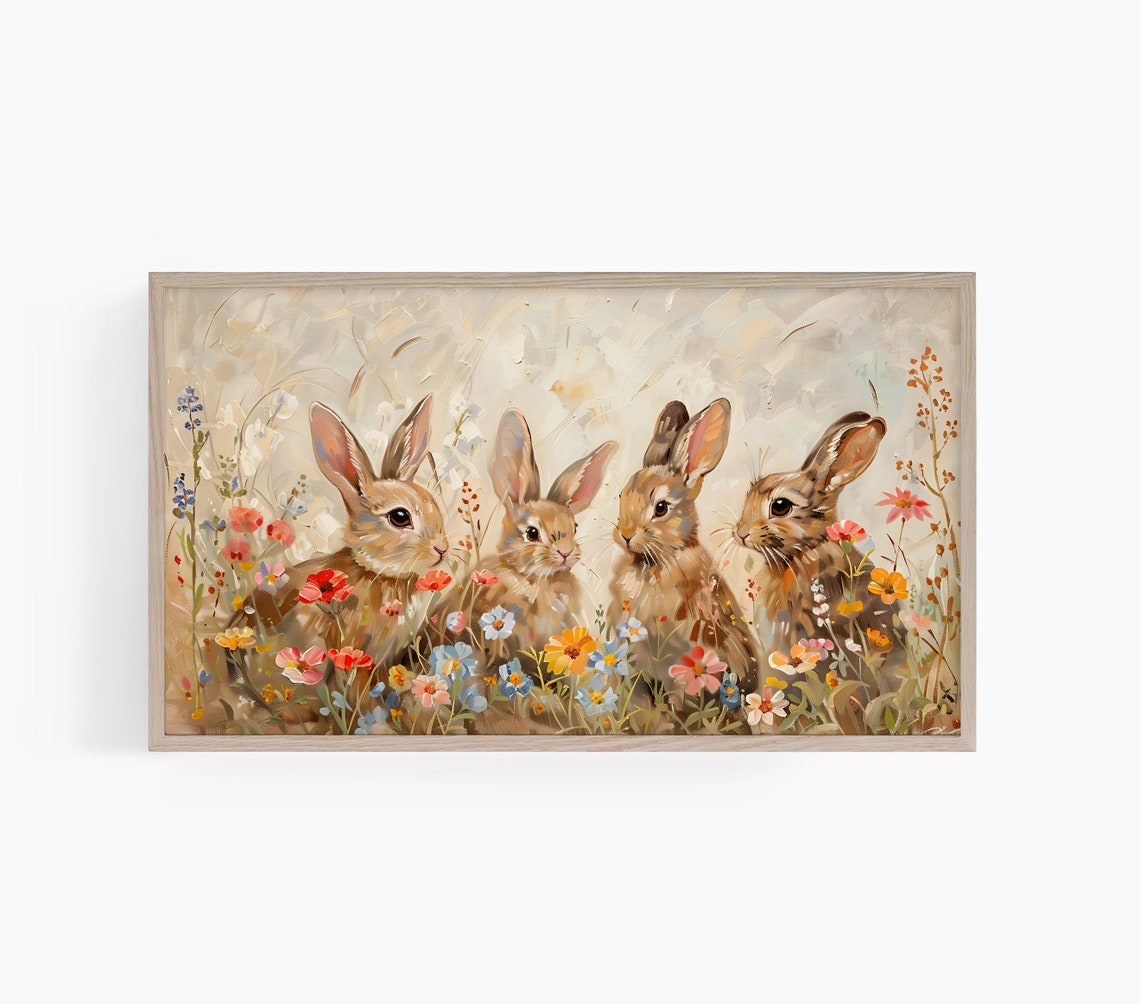 Four Bunnies Wildflower Meadow Vintage Spring Rabbit Wall Art