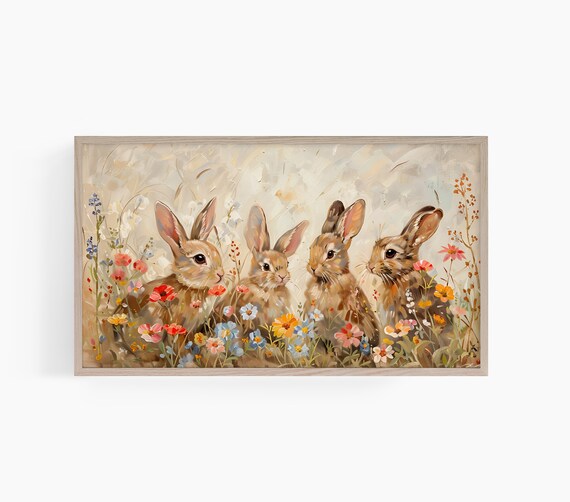 Four Bunnies Wildflower Meadow Vintage Spring Rabbit Wall Art