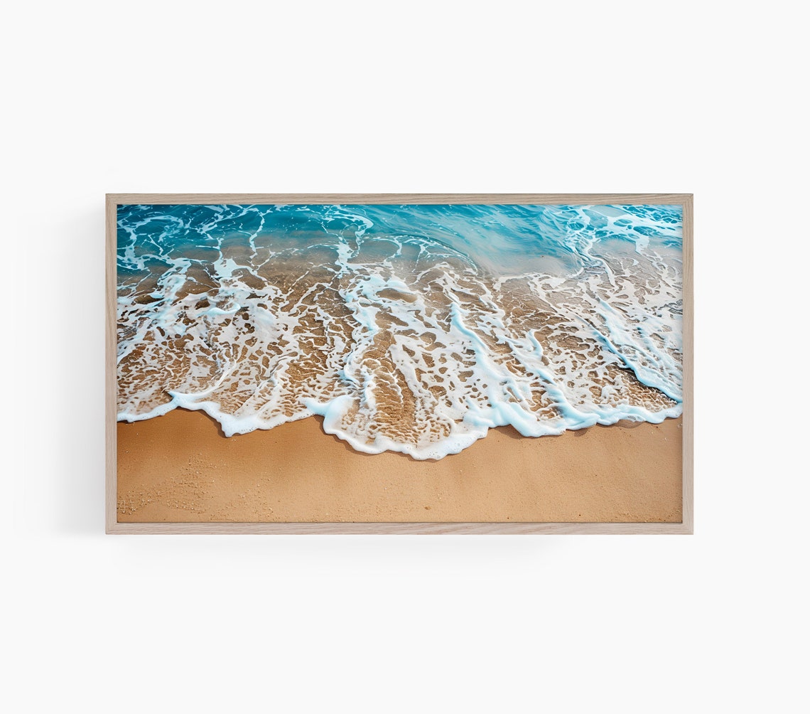 Aerial Turquoise Ocean Waves Golden Sand Beach Photo Art Poster