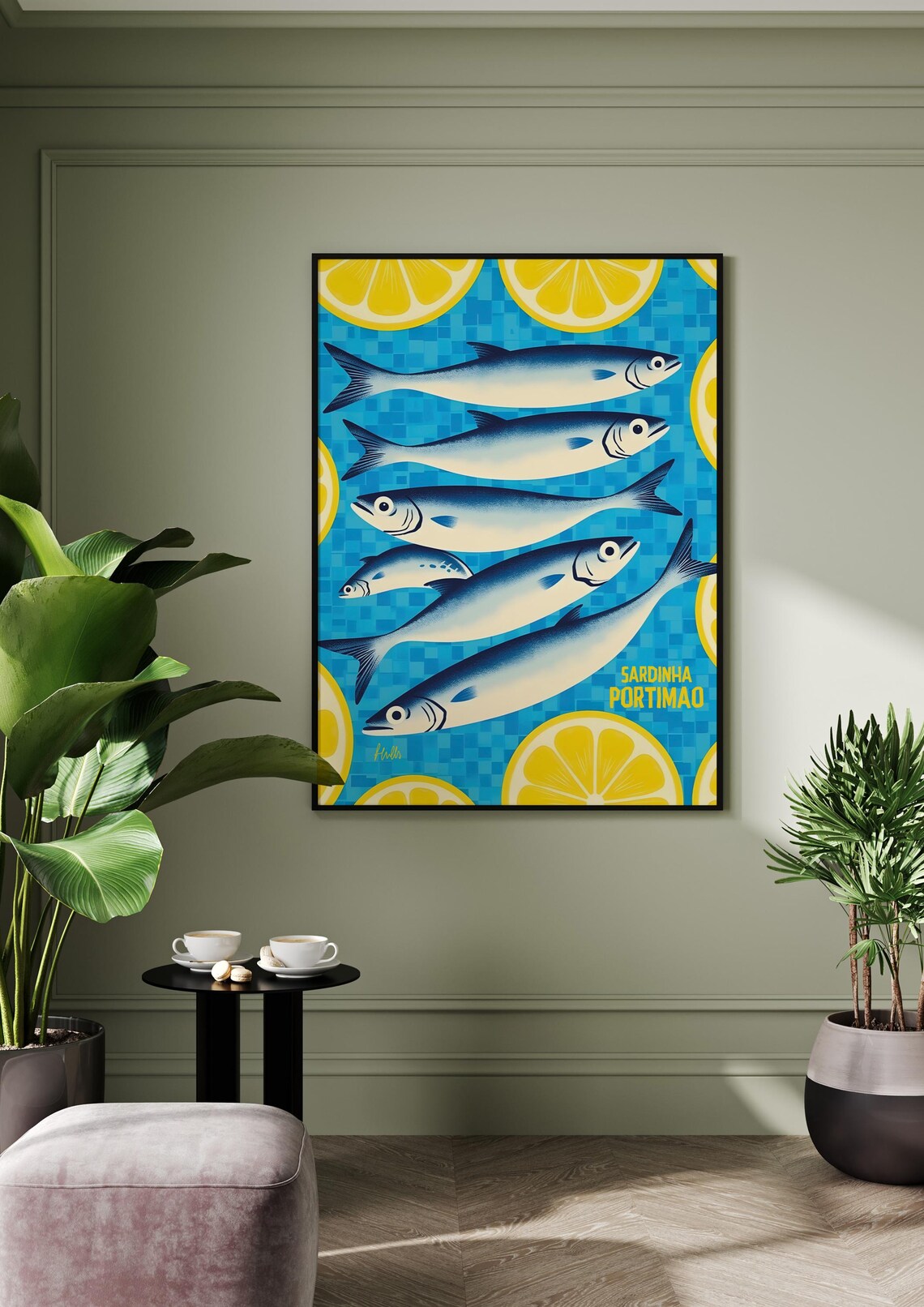 Retro Sardines Blue Coffee Mosaic Style Poster Fish And Lemon Slices File Default A3 Size - Image 2