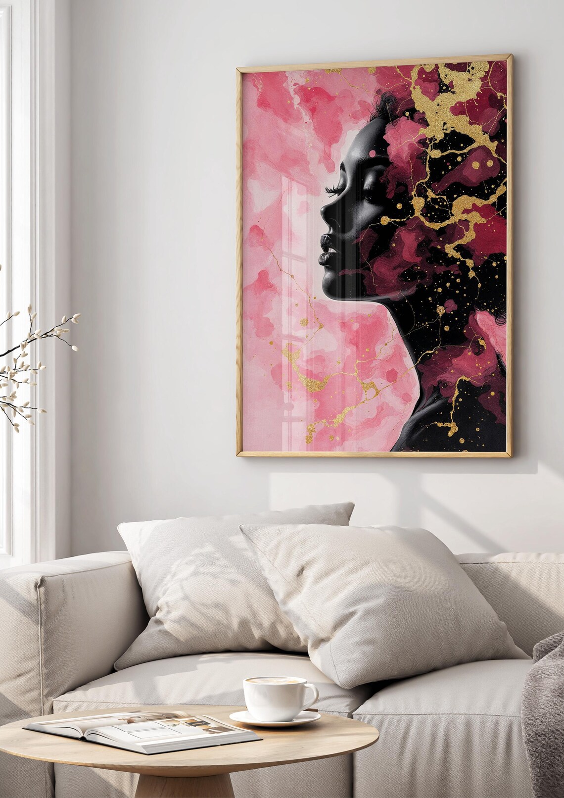 Pink And Gold Ink Abstract Woman Profile Artistic Wall Poster - Image 3