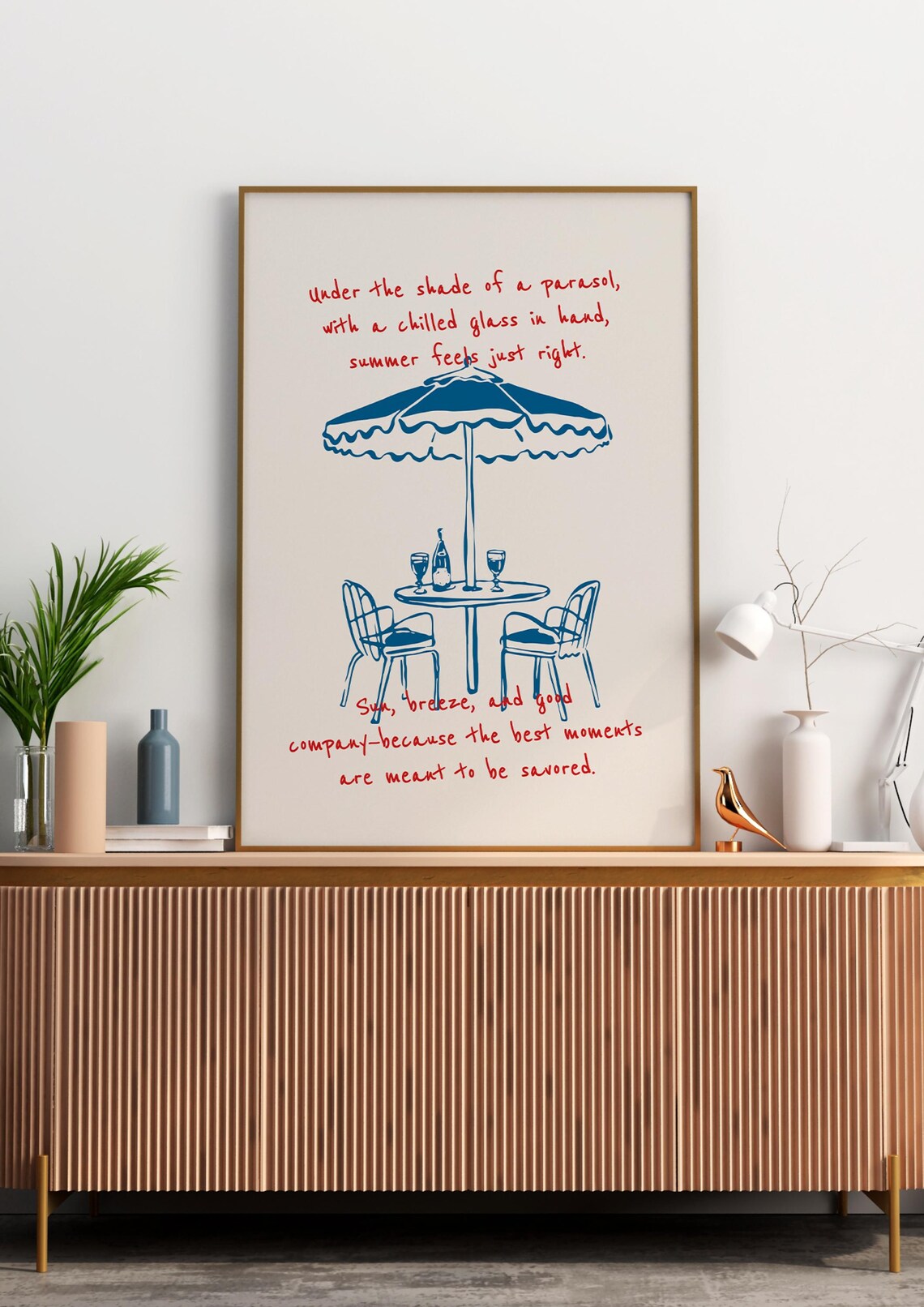 Blue Parasol Minimalist Poster, Red Typography - Image 2