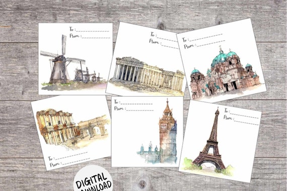 Landmark Gift Tags Famous Watercolor Monument Labels Europe Travel Cards Windmills Berlin Turkey London Paris Eiffel