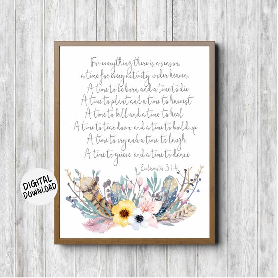 Scripture Wall Art Rustic Boho Watercolor Floral Bouquet Ecclesiastes 3 1 4 A Time To Be Born Bible Verse Print