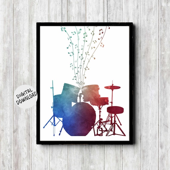 Watercolor Drum Kit with Floating Music Notes Silhouette Poster