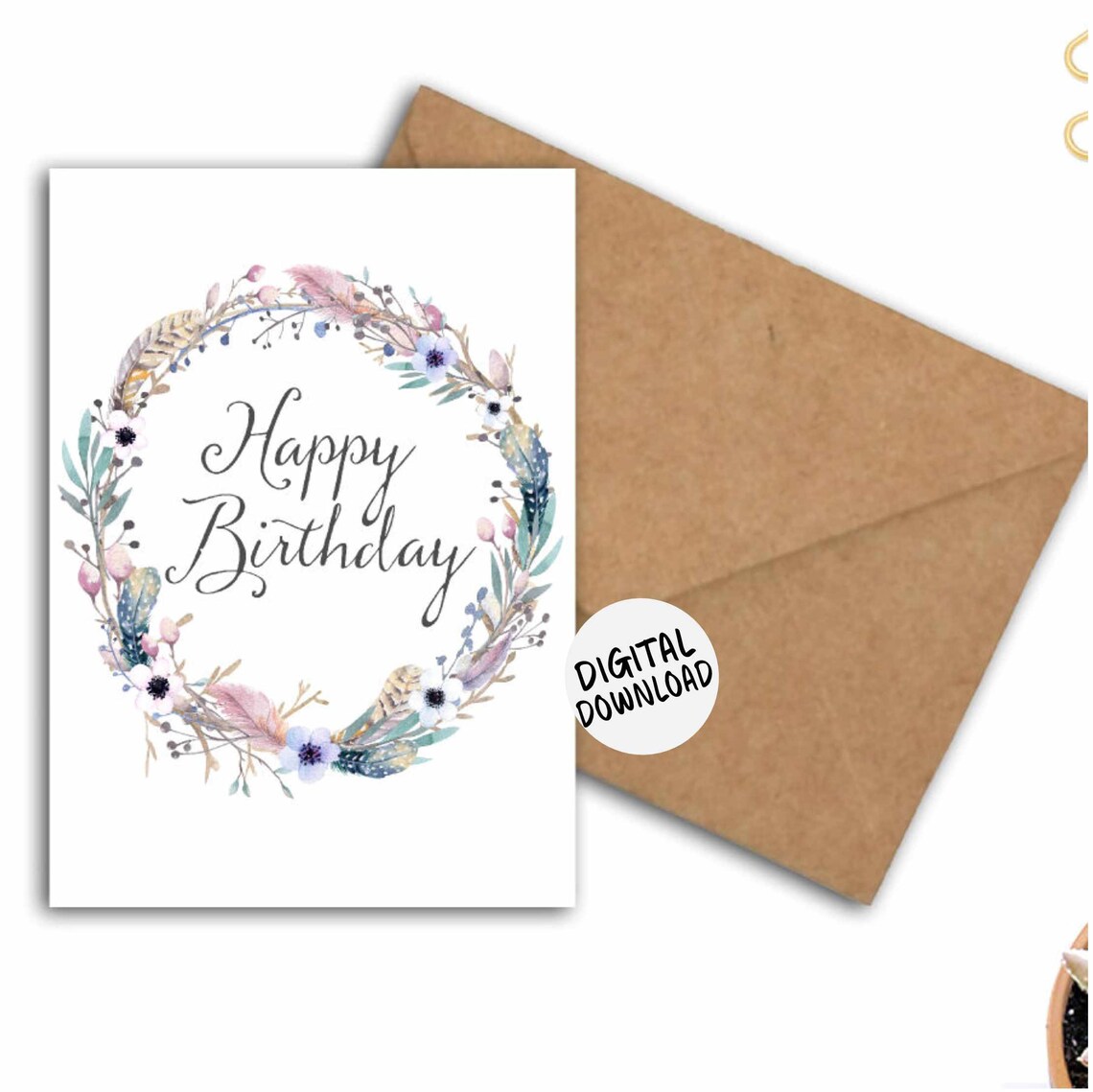 Happy Birthday Floral Feather Wreath Printable Card Art Print