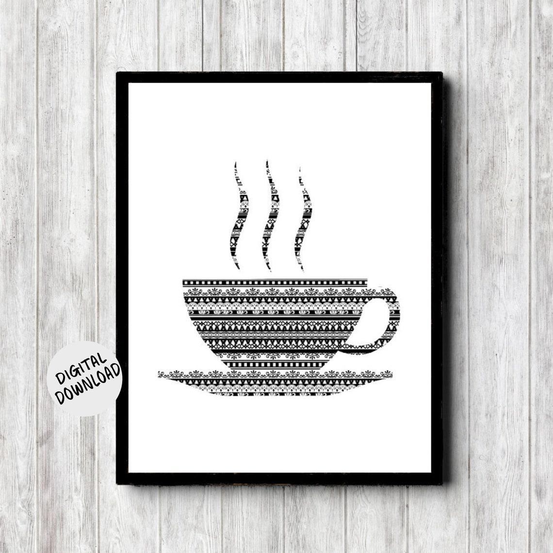 Black and White Patterned Teacup Coffee Kitchen Decor Art Print
