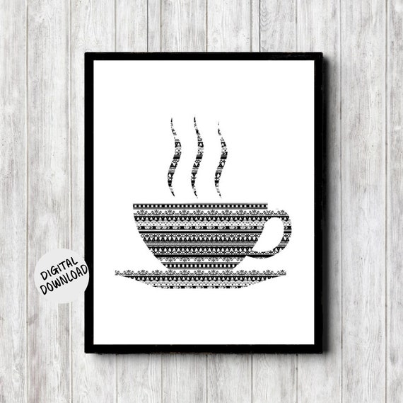Cup And Saucer Kitchen Wall Art Tea Cup Wall Decor Black And White Print Zentangle Pattern 11 X 14 8 X 10 5 X 7