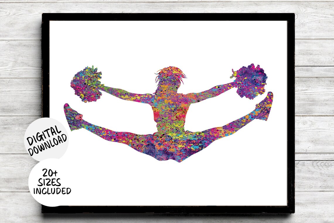 Cheerleader Jump Splatter Watercolor Silhouette Pom Pom Sport Poster
