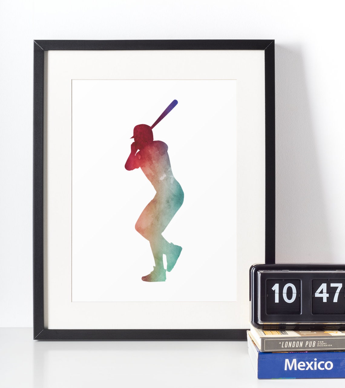 Watercolor Sports Wall Art Baseball Player Silhouette Print Teen Boy Nursery Baby Shower Sport Poster Hitter Batter