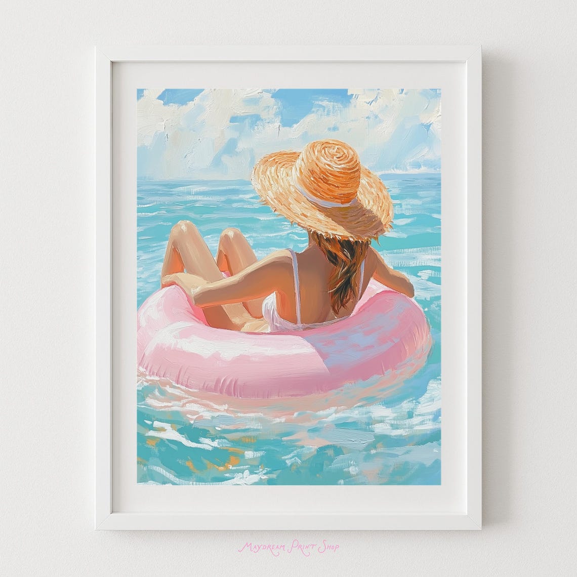 Vacation Woman Floating Pink Pool Tube Ocean Painting Poster