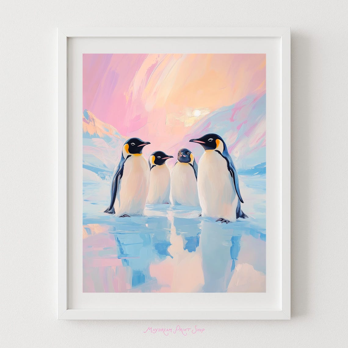 Emperor Penguins Pastel Arctic Sunset Wildlife Watercolor Poster