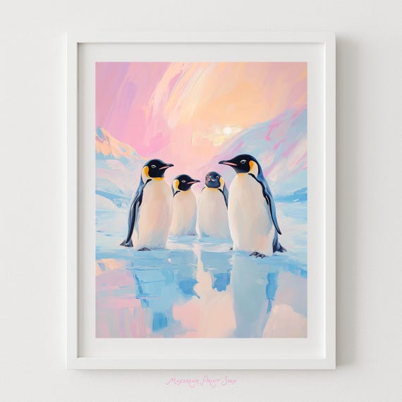 Penguin Wall Art Pastel Antarctica Party Emperor Penguins Painting Winter Wildlife Artwork Cute Animal