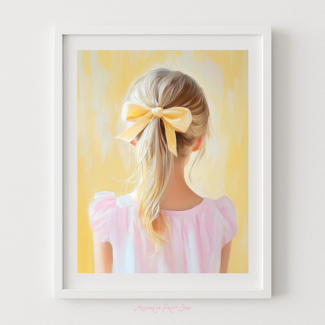 Sweet Blonde Girl With Yellow Bow Kids Room Portrait Art Print